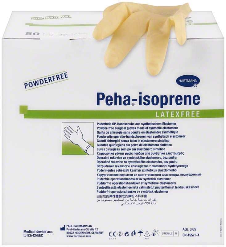OP-Handschuhe Peha®-isoprene latexfree Gr. 6,5, puderfrei, auf Verpackung.