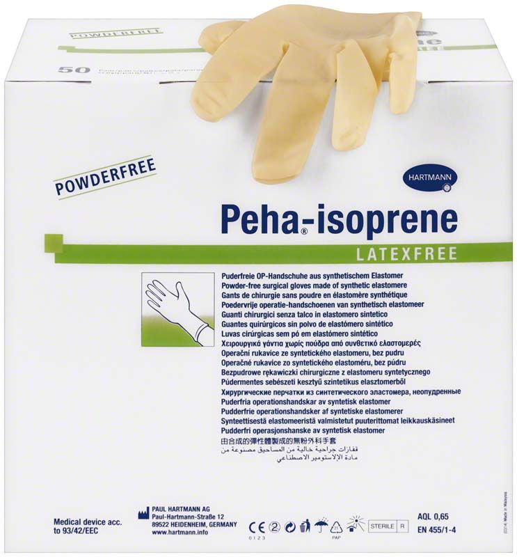 Latexfreie OP-Handschuhe Peha®-isoprene Gr. 7 auf Verpackung.