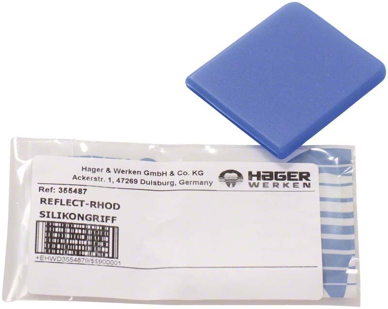 Blauer Reflect-Rhod Silikongriff mit Verpackungsetikett von Hager & Werken.