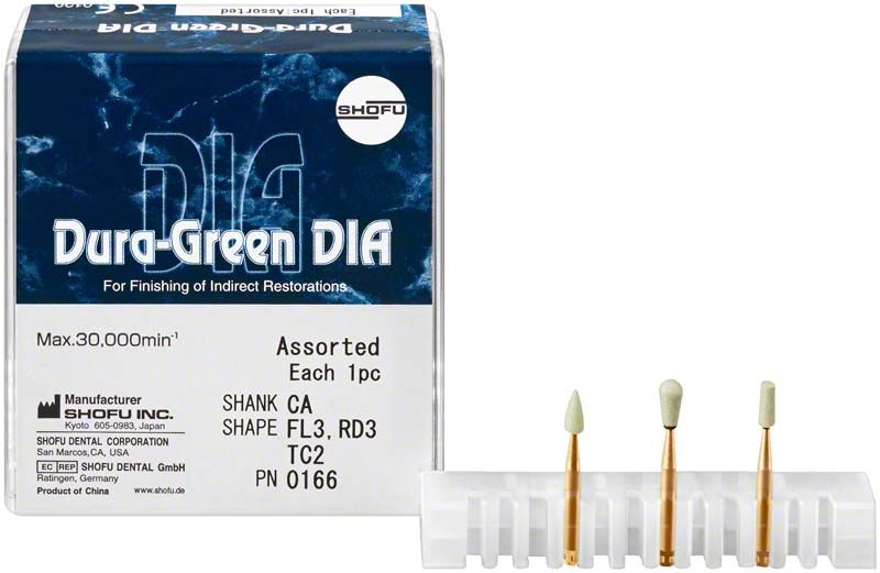 Dura-Green® DIA RA Set mit drei rotierenden Schleifkörpern und Verpackung.