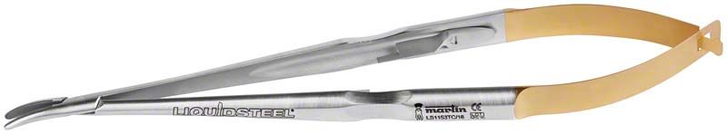 Gebogener Nadelhalter LiquidSteel® CASTROVIEJO, 16 cm, mit goldfarbenen Griffen.