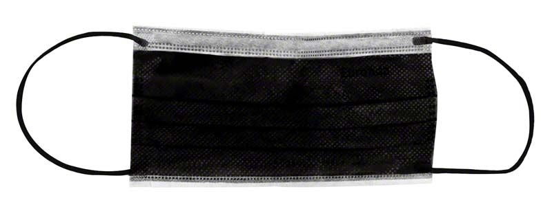 Schwarzer Einweg-Mundschutz mit elastischen Bändern und Metall-Nasenbügel.