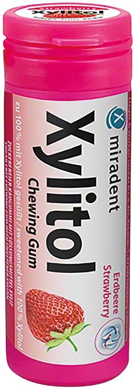 Miradent Xylitol Zahnpflegekaugummi für Kinder, Erdbeergeschmack, pinke Verpackung.