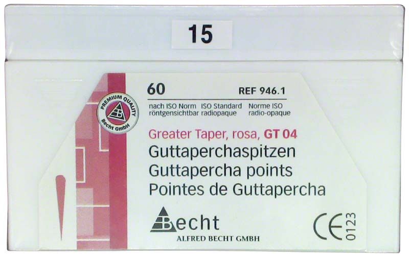 Rosa Guttaperchaspitzen GT 04, Größe 15, Verpackungsvorderseite mit Logo.