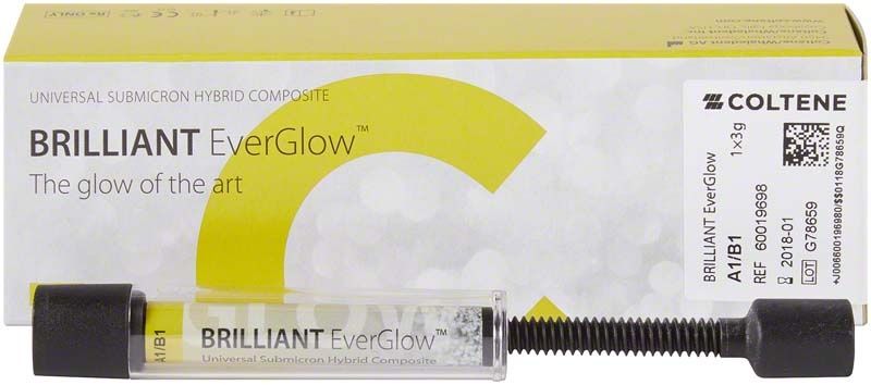 BRILLIANT EverGlow™ Spritze A1/B1 vor Verpackung mit Produktdetails.