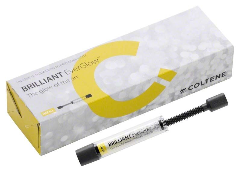BRILLIANT EverGlow™ Spritze A2/B2 mit Verpackung auf weißem Hintergrund.