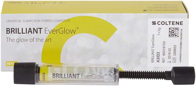 BRILLIANT EverGlow™ Spritze A3/D3 vor Produktverpackung mit gelbem Design.