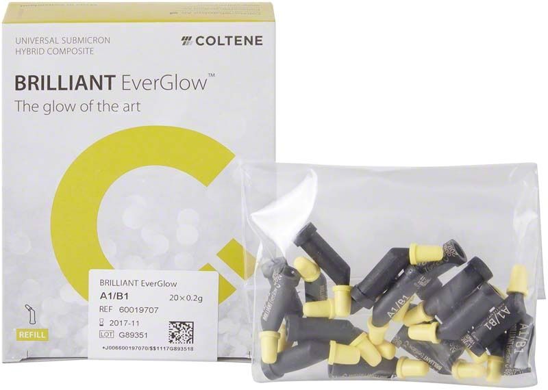 BRILLIANT EverGlow™ Tips A1/B1 Verpackung und Nachfüllbeutel mit Komposit-Füllmaterial.