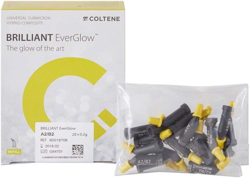 BRILLIANT EverGlow™ Tips A2/B2 in Verpackung mit gelben Applikationsspitzen.