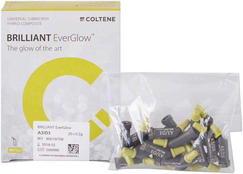 BRILLIANT EverGlow™ Tips A3/D3 Verpackung und Beutel mit Füllungsmaterial.