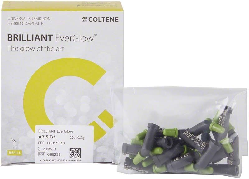 BRILLIANT EverGlow™ Tips A3,5/B3 Verpackung mit Zahnrestaurationskomposit und Nachfüllbeutel.