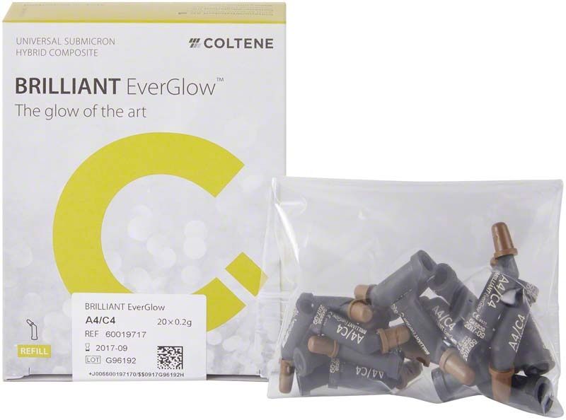 BRILLIANT EverGlow™ Tips A4/C4 Verpackung mit sichtbaren Füllungsmaterialien.