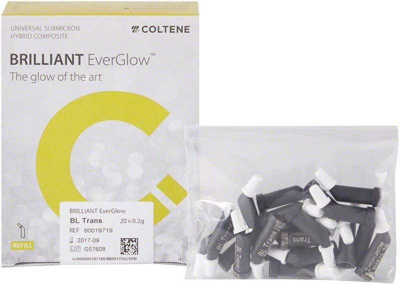 BRILLIANT EverGlow™ BL Trans Füllungsmaterial in Verpackung mit Probetuben.