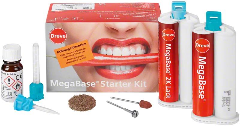 MegaBase® Starterkit mit Silikon, Zubehör, und Gebrauchsanweisung für Prothesenunterfütterung.