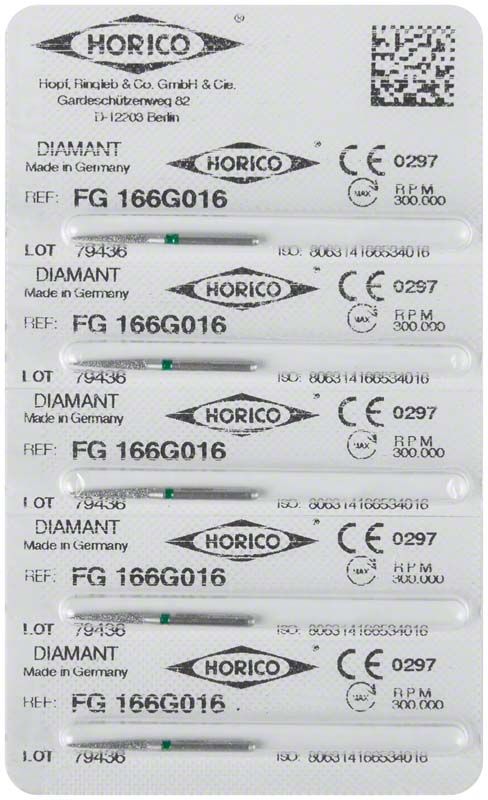 Blisterpackung mit fünf Diamant-FG 166G 016 Dentalbohrern.