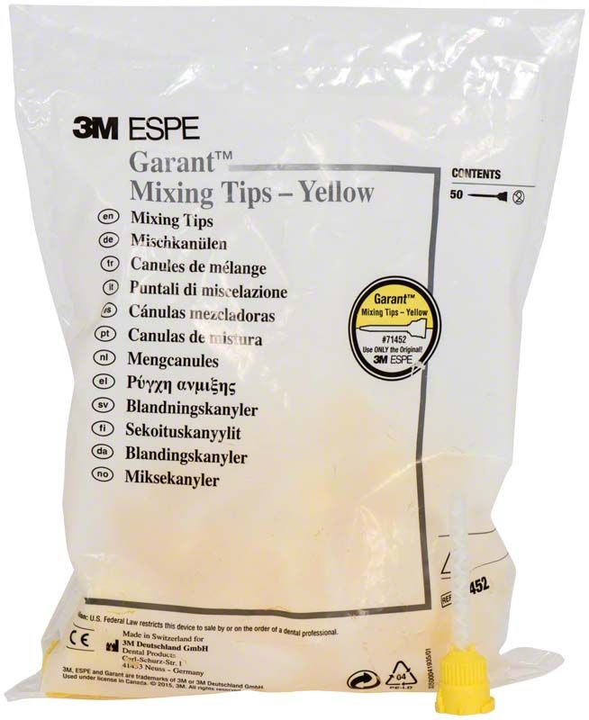 3M™ Garant™ gelbe Mischkanülen in transparenter Verpackung mit Beschriftung.