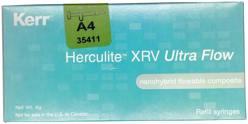Herculite XRV Ultra Flow A4 Verpackung mit Produktdetails auf blauem Hintergrund.