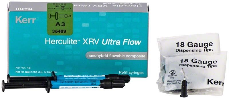Herculite XRV Ultra Flow A3 Verpackung mit Spritze und Dosierspitzen.