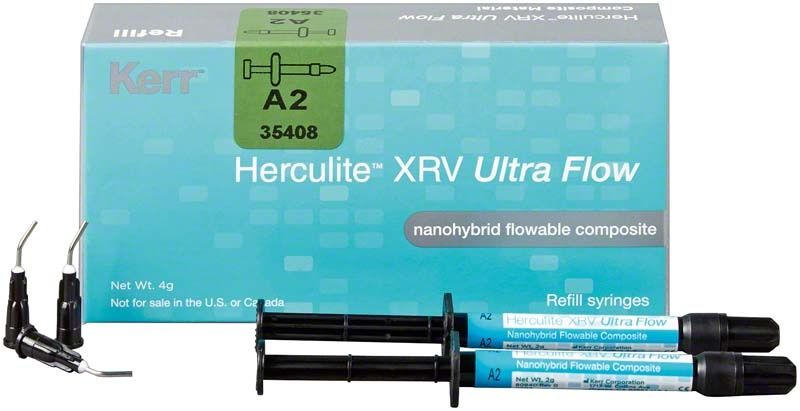 Herculite XRV Ultra Flow A2 Nanohybrid-Fließkomposit mit Spritzen und Verpackung.