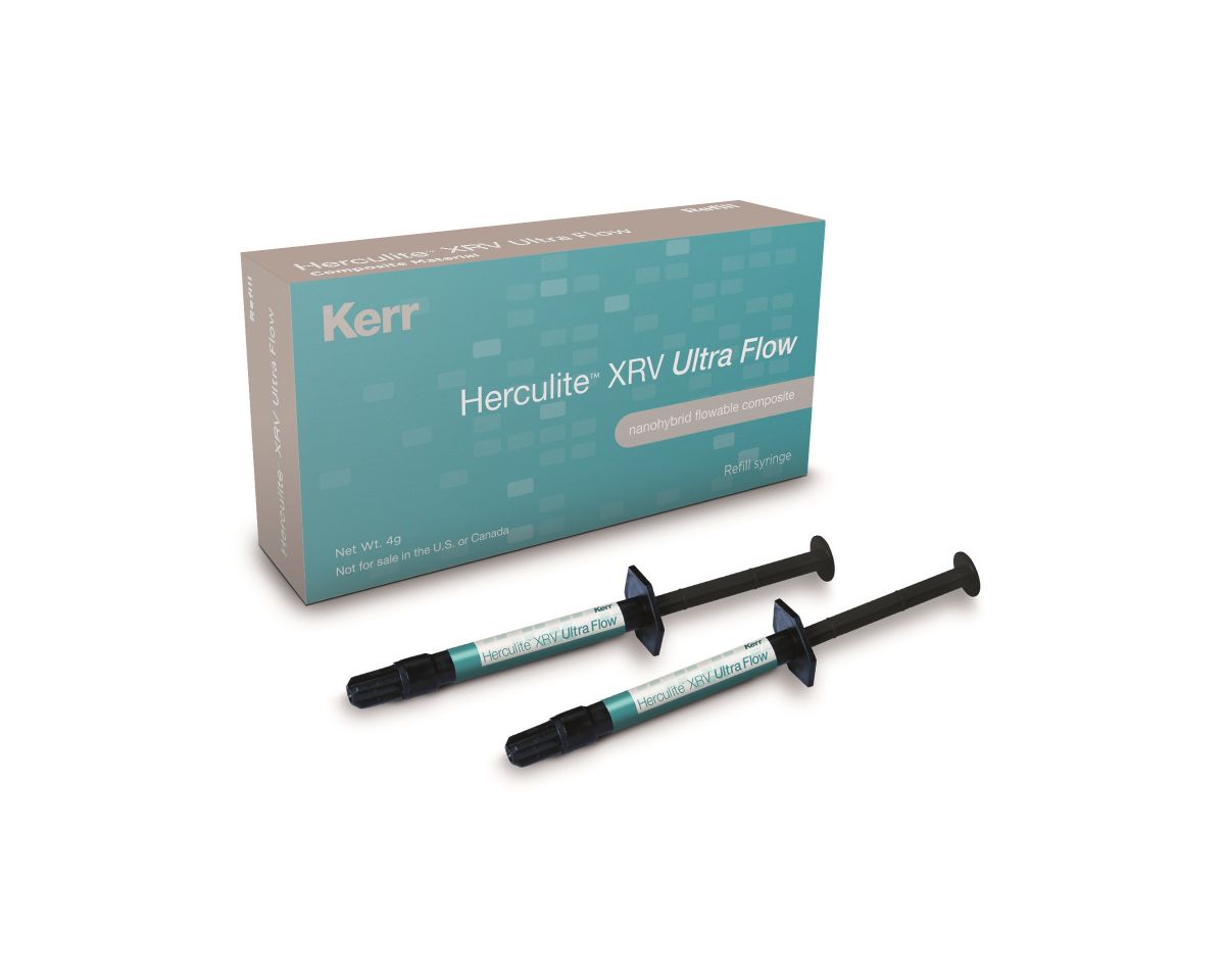 Herculite XRV Ultra Flow B2 Zahnarztkomposit in Spritzenform vor Verpackung.
