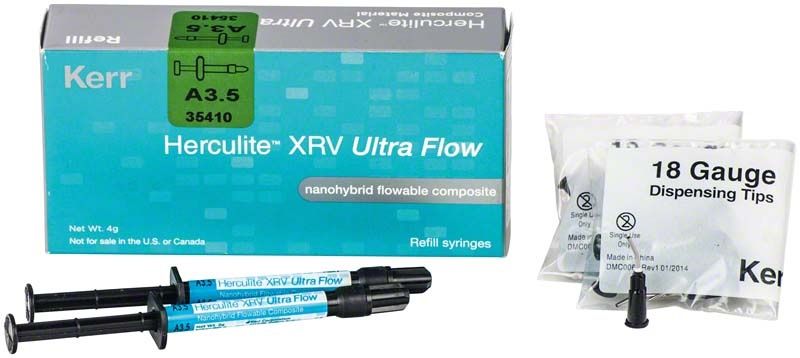 Herculite XRV Ultra Flow A3,5 Spritzen mit Verpackung und Applikationsspitzen.