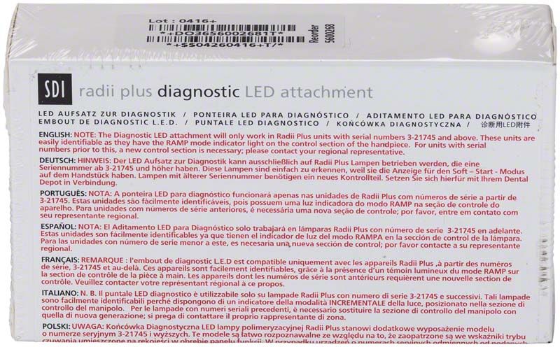 Verpackung des radii plus LED Aufsatz Diagnostik mit mehrsprachigen Texten.