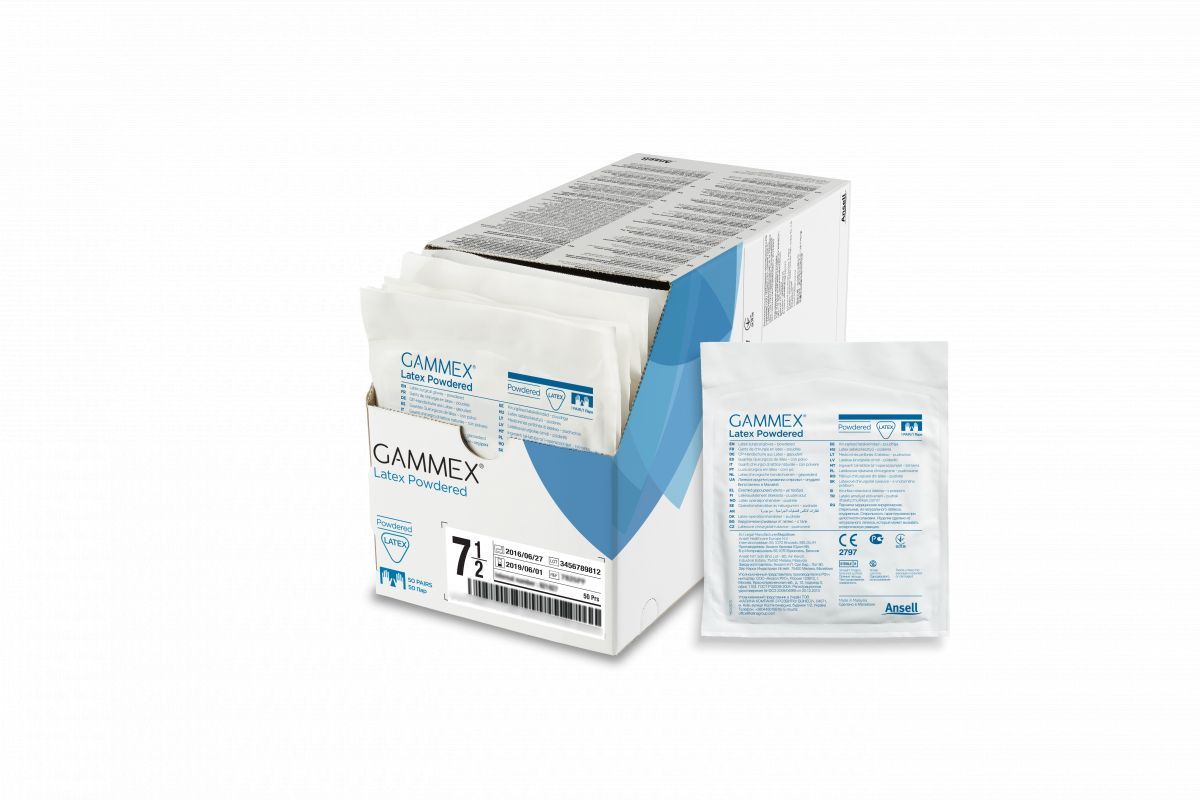 Offene Schachtel mit Gammex Latex Powdered Handschuhen, einzeln verpackt, Vorder- und Rückansicht.