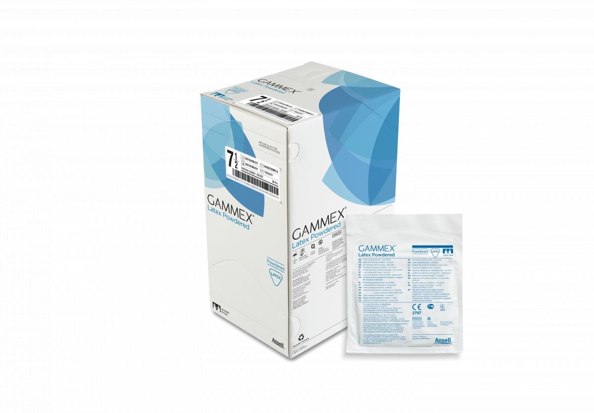 GAMMEX Latex gepuderte Handschuhe, Größe 6,5, mit Verpackung und Beipackzettel.