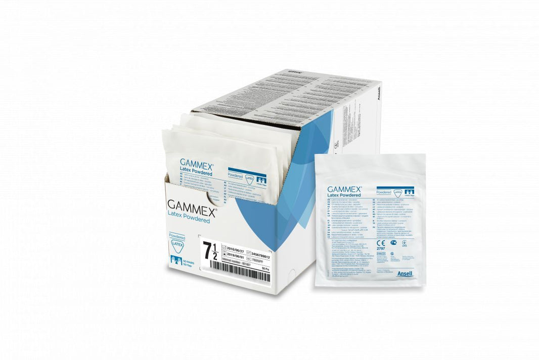 Offene Verpackung von Gammex Latex Powdered Handschuhen, Größe 8,5.