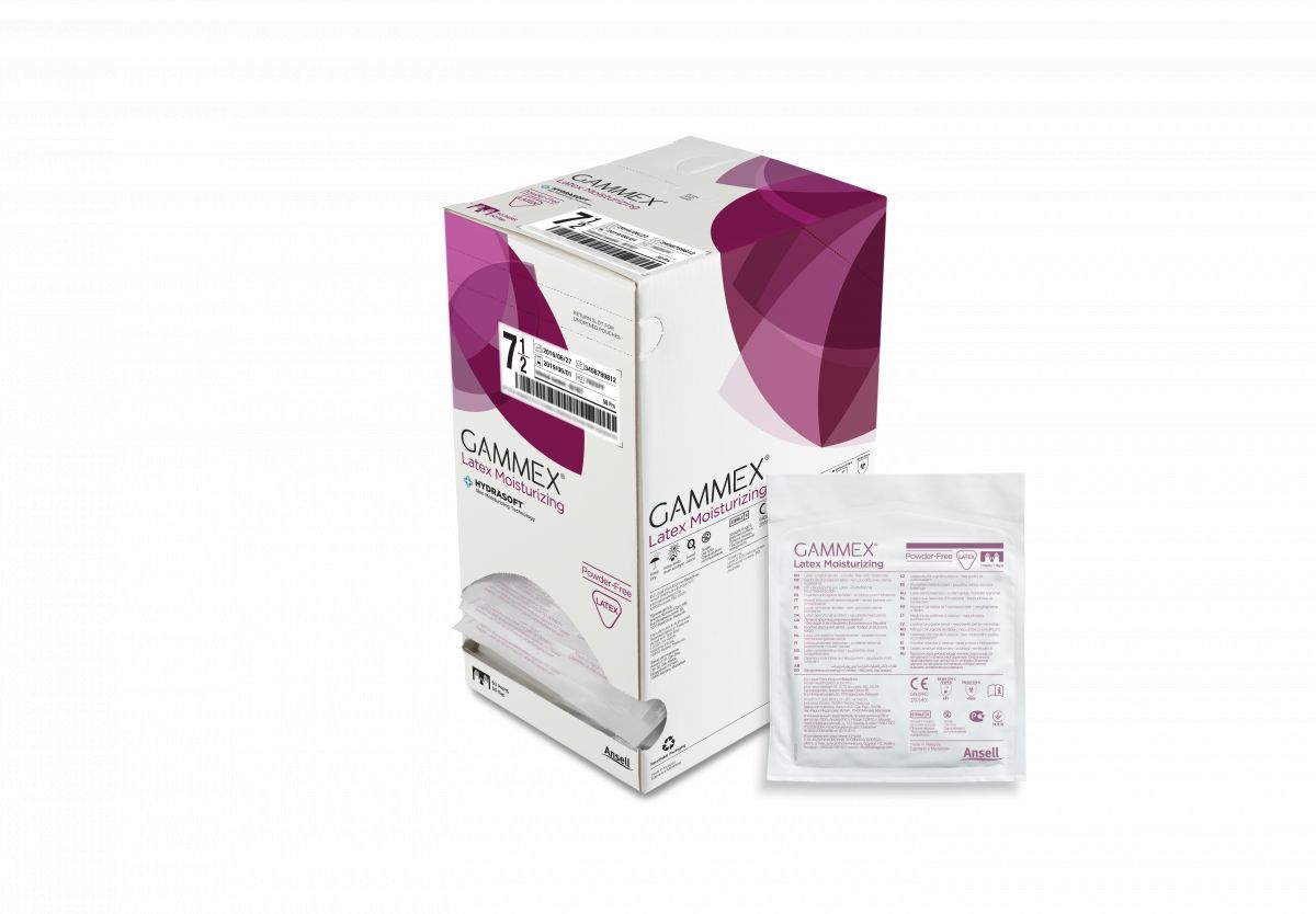 GAMMEX Latex Moisturiser Gr. 7 Verpackung mit herausstehender Einzeltüte.