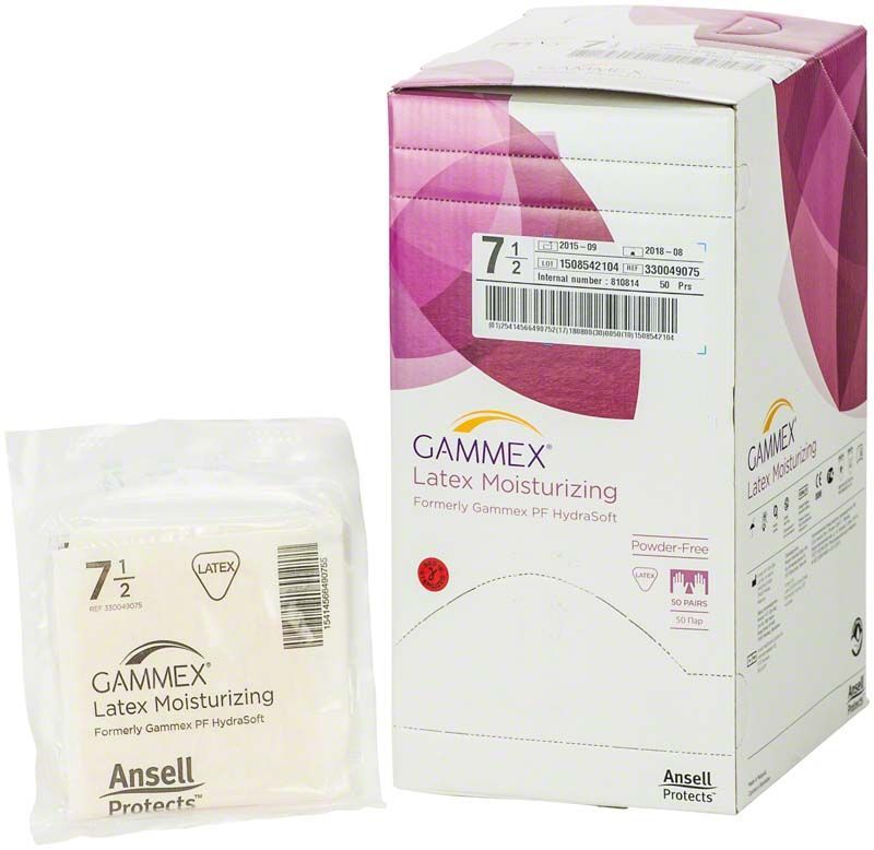 Gammex Latex Moisturiser Gr. 7,5 Verpackung und Einzelverpackung.