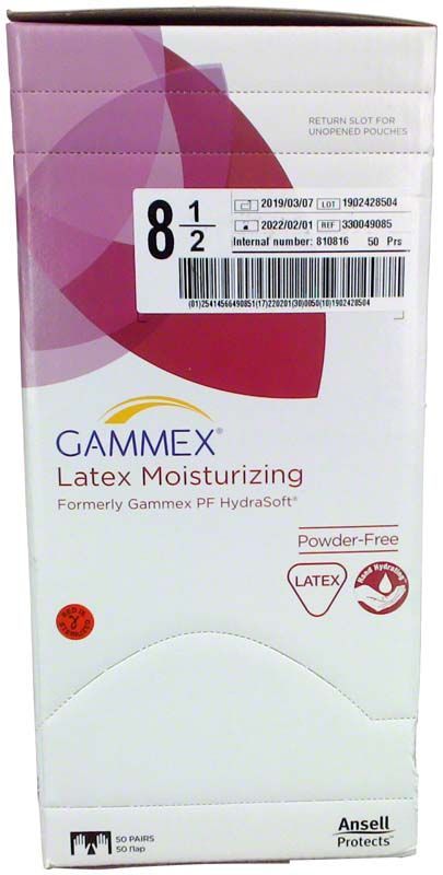 Gammex Latex Moisturiser, puderfrei, Größe 8,5, Verpackungsvorderseite.