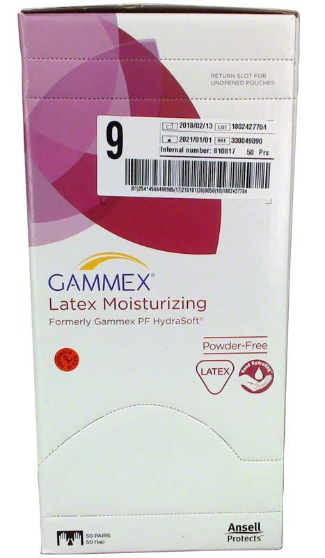 Gammex Latex Moisturiser Verpackung mit Produktinformationen und rotem Design.