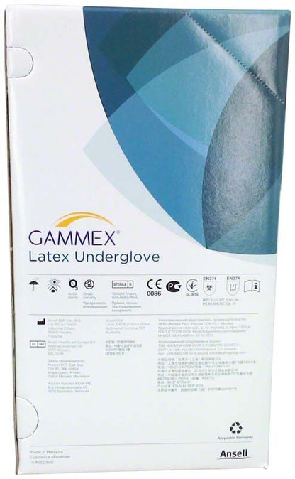Gammex Latex Undergloves Gr. 6 Verpackung mit technischen Details und Zertifizierungen.