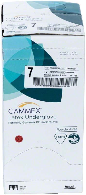Gammex Latex Undergloves Gr. 7 in Originalverpackung mit Barcode und Produktinformationen.