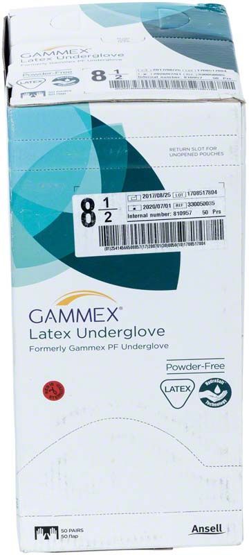 Gammex Latex Undergloves Gr. 8,5 in Originalverpackung mit Produktdetails.