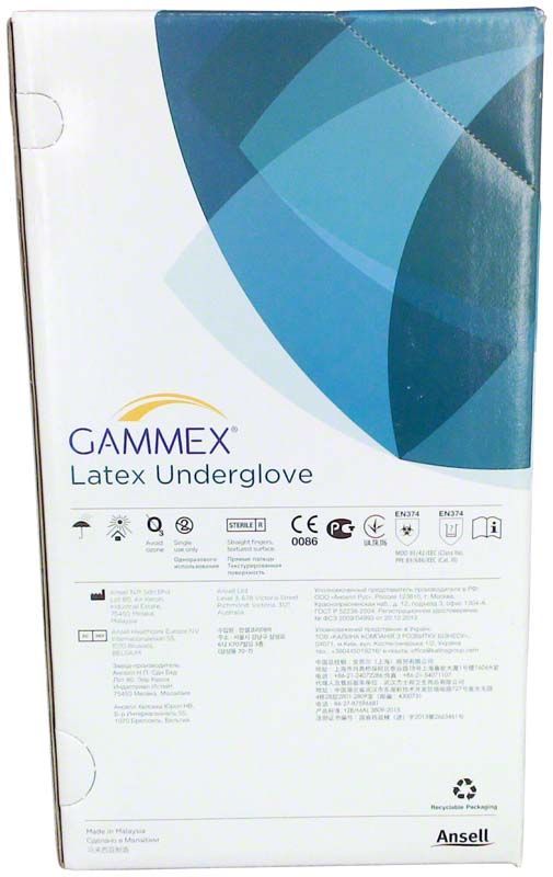 Gammex Latex Undergloves Gr. 8,5 Verpackung mit Produktspezifikationen und Zertifizierungssymbolen.