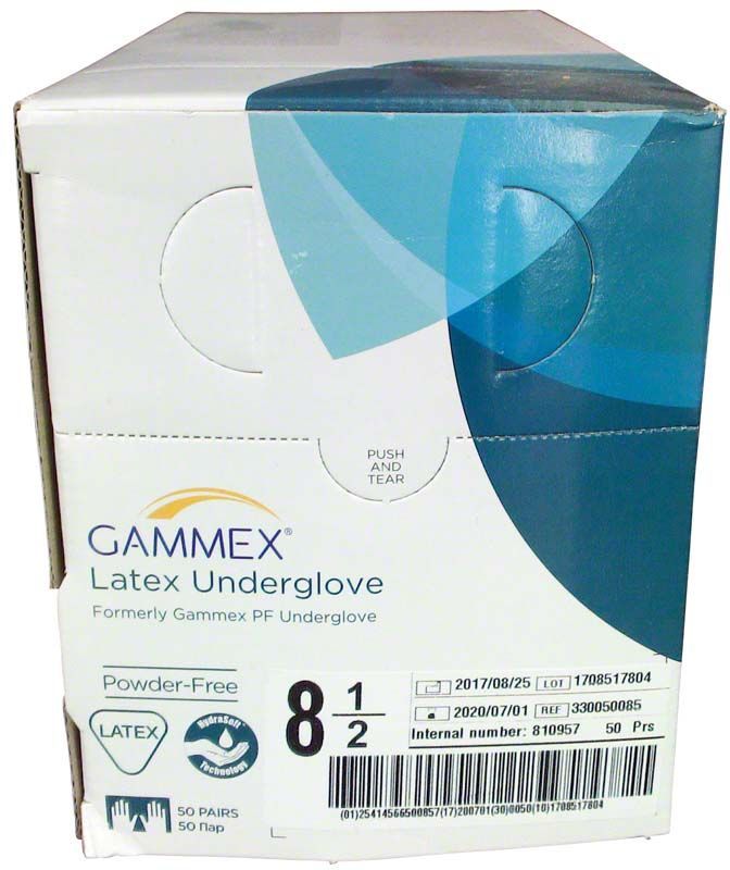 Gammex Latex Undergloves Gr. 8,5 Verpackung mit Größenangabe und Haltbarkeitsdatum.