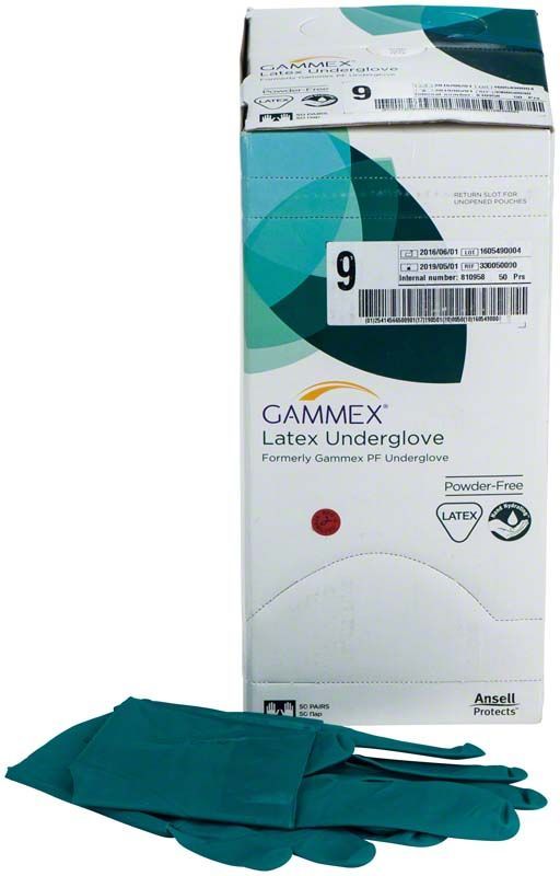 Gammex Latex Undergloves Gr. 9, puderfreie grüne Handschuhe vor Verpackung