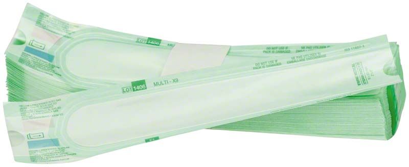 Sterilisationstüten von medic-star mit Kontroll-Indikatoren, flach gestapelt.