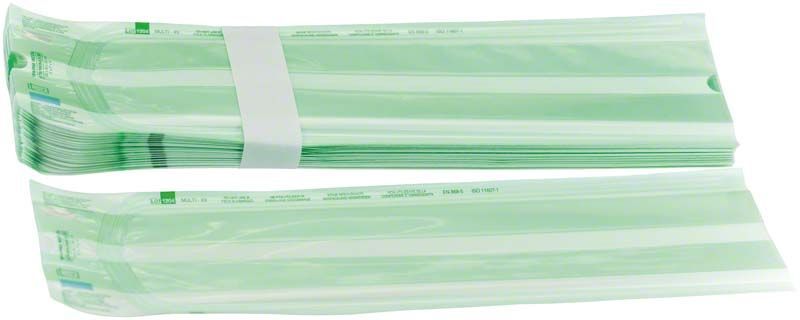 Steriking Beutel mit Seitenfalte, transparent und grün, 100 x 50 x 360 mm.