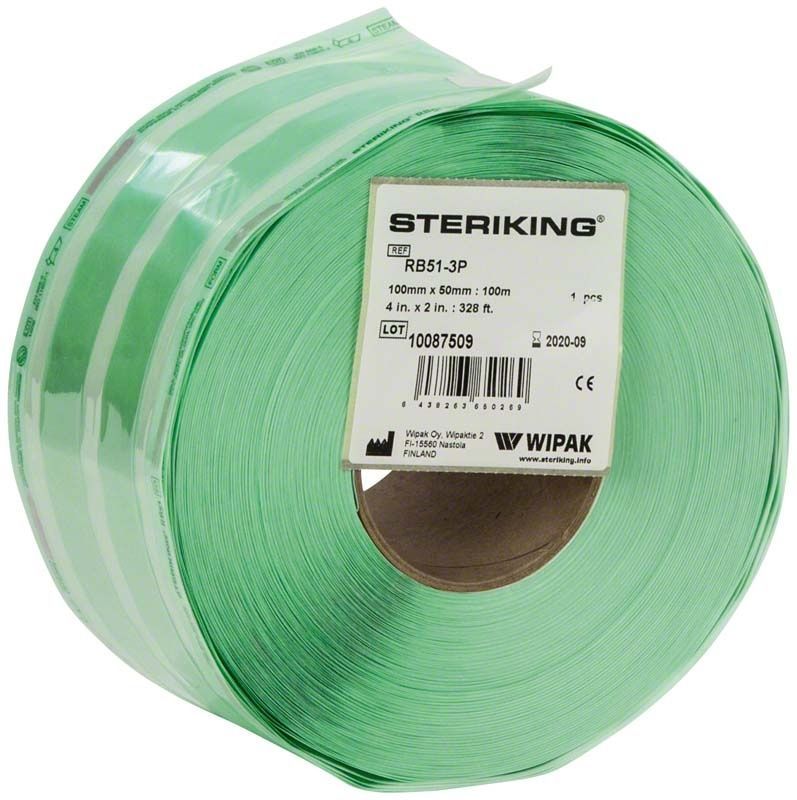 Steriking Rollen mit Seitenfalte, RB51, 100 x 50mm, 100m, grüner Karton.