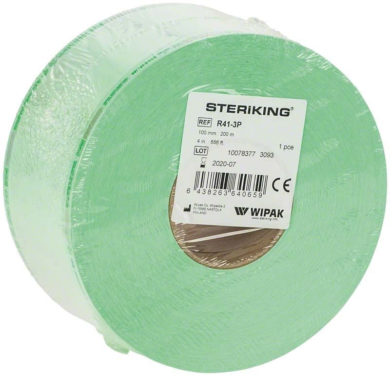 Steriking Flache Rollen R41 100mm 200m in grüner Verpackung mit Etikett.