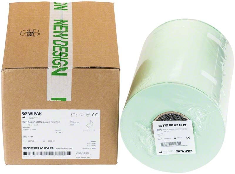 Steriking Flache Rollen R45 300mm 200m neben Originalverpackung mit Etikett.
