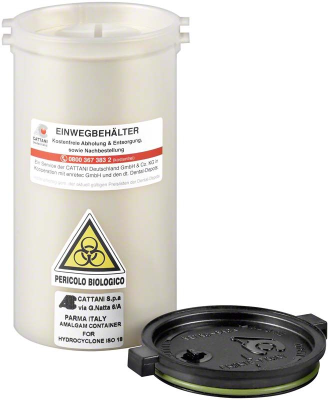 Einweg-Amalgambehälter ISO 18 mit Biohazard-Symbol und abnehmbarem Deckel.