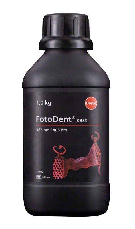 Schwarze Flasche FotoDent® cast 385/405 nm 1 kg mit rotem Etikett.