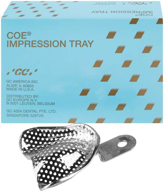 Metall-Löffel für Zahnabdrücke vor Verpackung mit COE®-Logo.