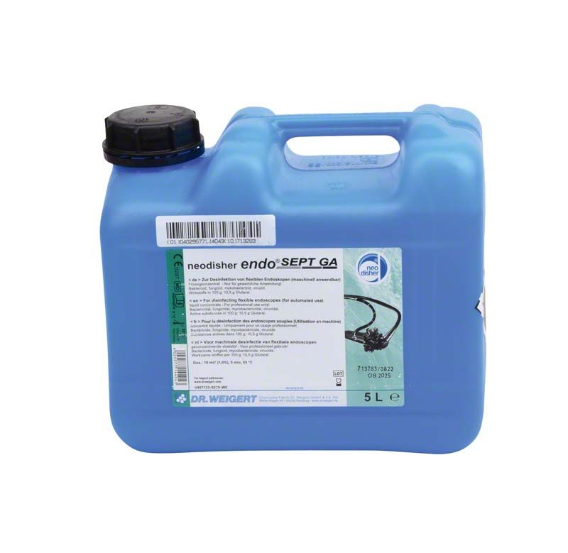 Kanister mit 5 Litern neodisher® endo SEPT GA, blaue Verpackung.