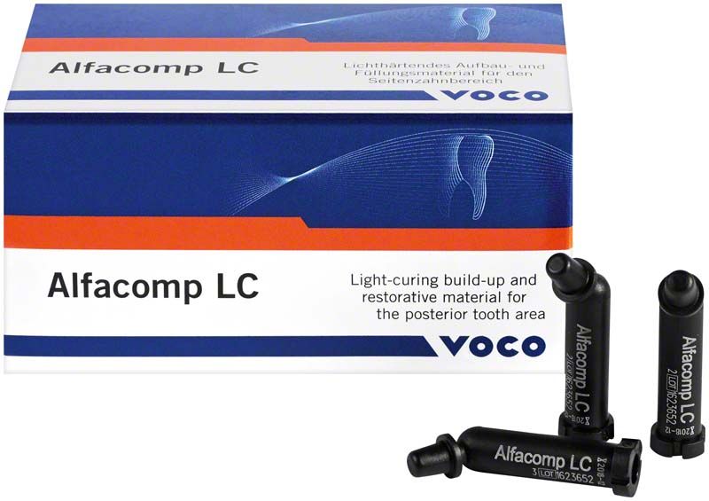 Alfacomp LC Aufbau- und Füllungsmaterial in grauer Kartonverpackung von Voco.