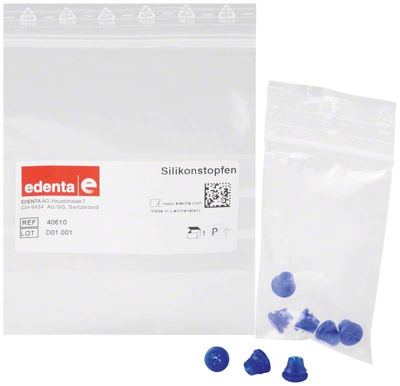 Silikonstopfen für Instrumentenständer, blau, in transparenter Verpackung.